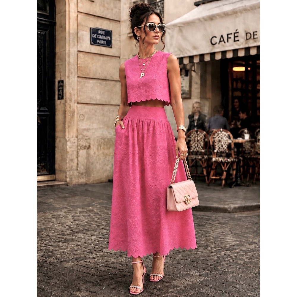 Pink Eyelet Crop Top & Midi Skirt Set